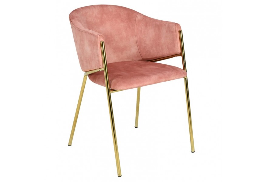 Glamour moderná koralovo ružová jedálenská stolička s opierkami na ruky s čalúnením a zamatovým poťahom so šikmými štíhlymi nohami v lesklej zlatej farbe z kovu