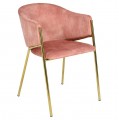 Glamour moderná koralovo ružová jedálenská stolička s opierkami na ruky s čalúnením a zamatovým poťahom so šikmými štíhlymi nohami v lesklej zlatej farbe z kovu