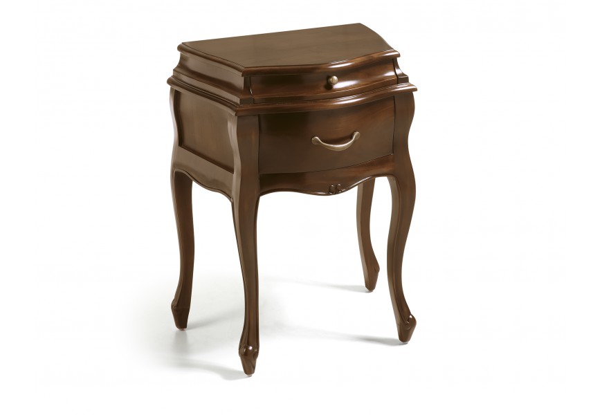 Rustikálny nočný stolík z mahagónoveho dreva v lesklej tmavohnedej farbe