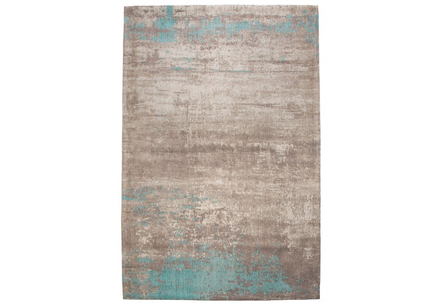 Vintage obdĺžnikový koberec v béžovo-hnedej farbe s tyrkysovým abstraktným vzorom do obývačky