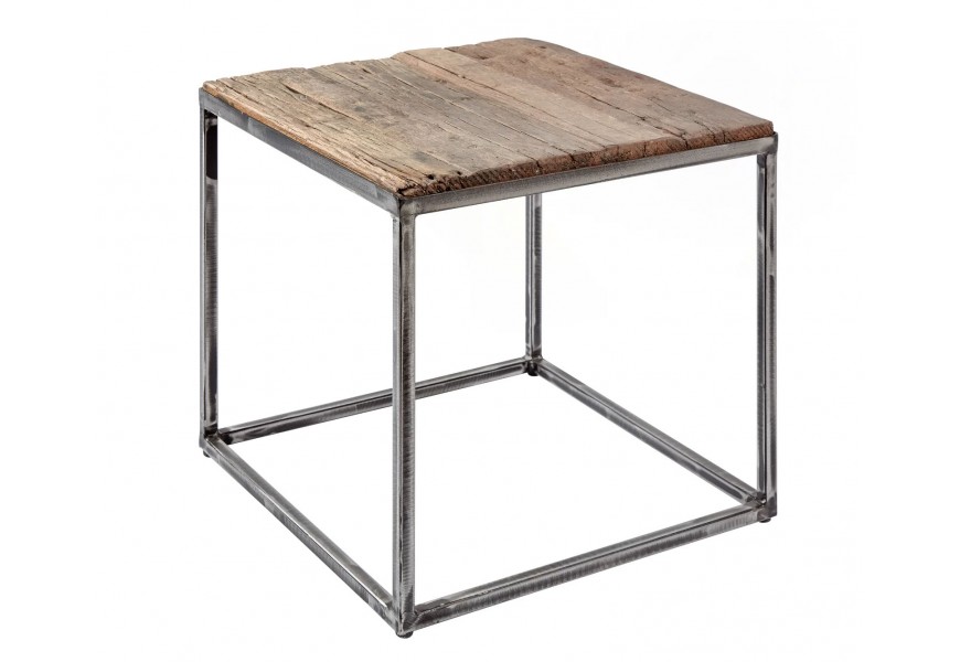 Štvorcový príručný stolík s kovovou konštrukciou a doskou z prírodného teakového dreva