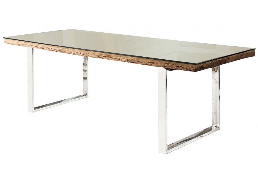 Obdĺžnikový jedálenský stôl so sklenenou doskou, okrajom z prírodného dreva a chrómovanými kovovými nohami
