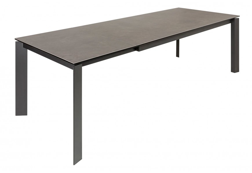 Obdĺžnikový rozkladací jedálenský stôl s tmavou keramickou doskou a kovovými nohami