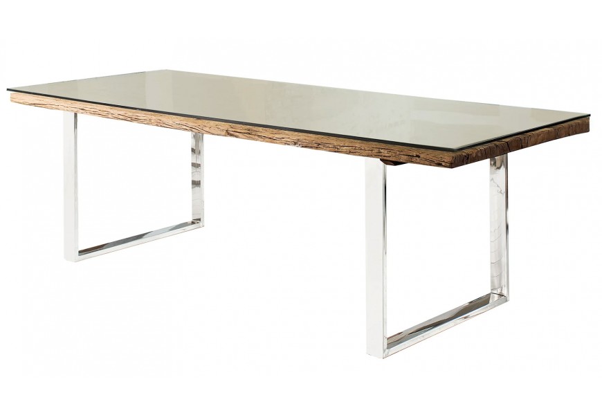 Obdĺžnikový jedálenský stôl so sklenenou doskou, okrajom z dreva a chrómovanými kovovými nohami