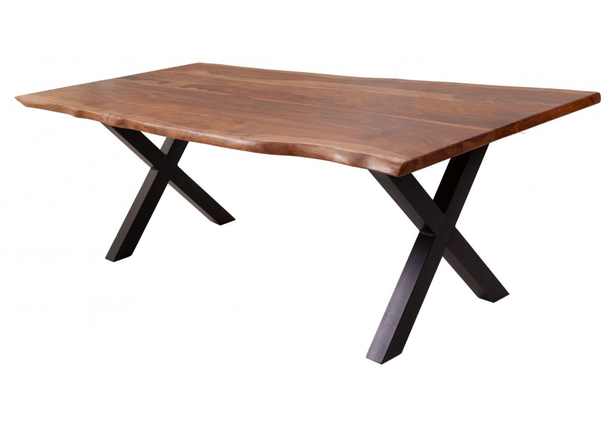 Štýlový industriálny jedálenský stôl Sheesham z masívneho palisandrového dreva s viditeľnou kresbou a s čiernymi nohami z kovu