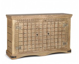 Luxusný vidiecky príborník Albacete z masívneho hnedého akáciového dreva s vintage úpravou a vyrezávaným zdobením 140 cm