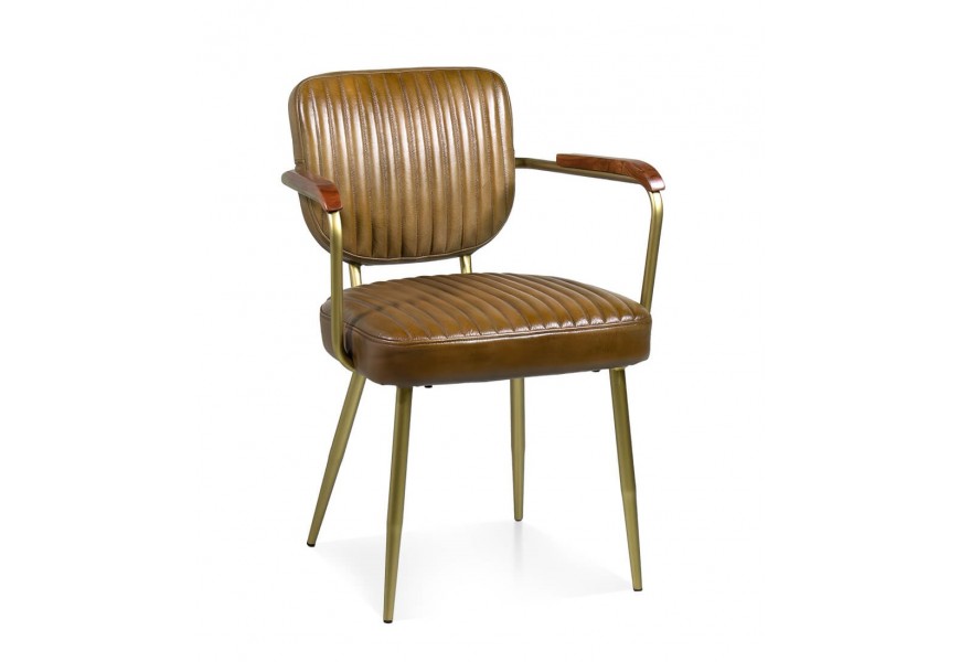 Dizajnová retro kožená jedálenská stolička Denver v hnedej farbe s dekoratívnym prešívaním s opierkami na ruky s drevenou plochou s kovovými nožičkami v zlatej farbe