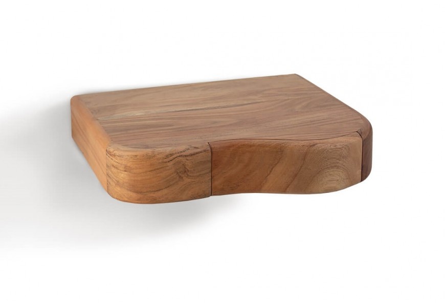 Dizajnový moderný závesný nočný stolík Mesa z masívneho akáciového dreva s jemne vlnitým čelom zásuvky a oblými hranami