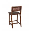 Koloniálna kožená barová stolička Timal z tmavého hnedého teakového dreva s výpletom a opierkou na nohy 90 cm