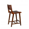 Koloniálna kožená barová stolička Timal z tmavého hnedého teakového dreva s výpletom a opierkou na nohy 90 cm