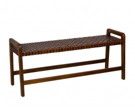 Koloniálna kožená dvojmiestna obdĺžniková lavica Timal z masívneho teakového dreva s výpletom v tmavohnedej farbe 120 cm