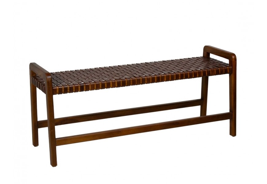 Koloniálna kožená dvojmiestna obdĺžniková lavica Timal z masívneho teakového dreva s výpletom v tmavohnedej farbe 120 cm