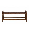 Koloniálna kožená dvojmiestna obdĺžniková lavica Timal z masívneho teakového dreva s výpletom v tmavohnedej farbe 120 cm