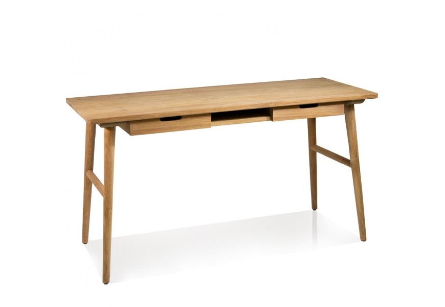 Retro písací stôl Lilia z teakového dreva s oblými nožičkami a úložným priestorom s dvomi zásuvkami a stredovou policou