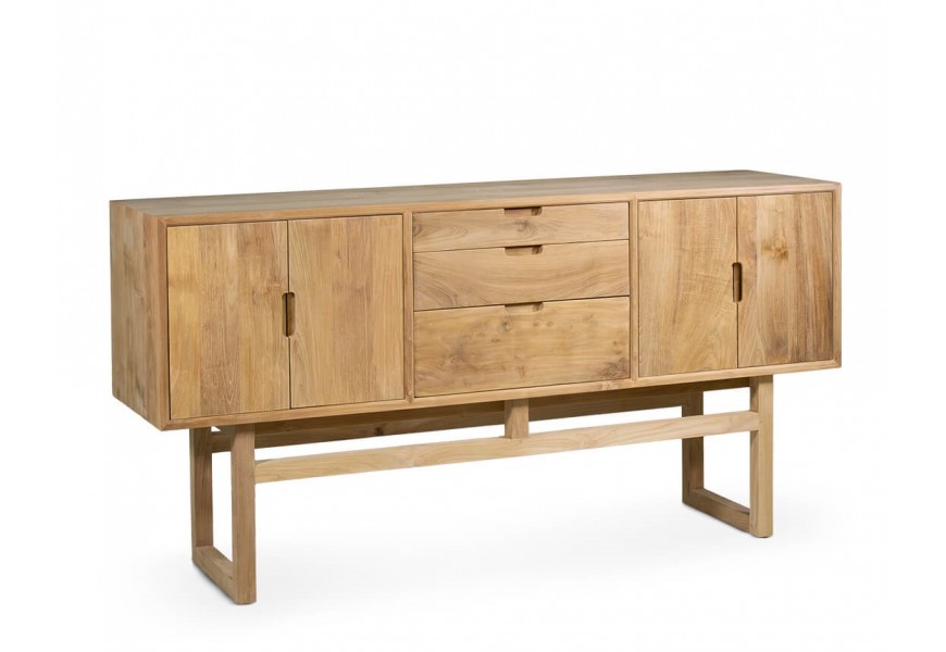 Koloniálny štvordverový obdĺžnikový príborník Lilia z masívneho hnedého teakového dreva v hnedej farbe s tromi zásuvkami 157 cm