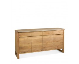 Vidiecky masívny štvordverový príborník Lilia z hnedého teakového dreva so štyrmi zásuvkami hranatými nožičkami a viditeľnou drevenou štruktúrou