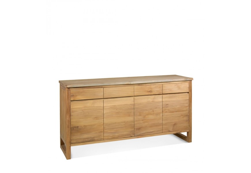 Vidiecky masívny štvordverový príborník Lilia z hnedého teakového dreva so štyrmi zásuvkami hranatými nožičkami a viditeľnou drevenou štruktúrou