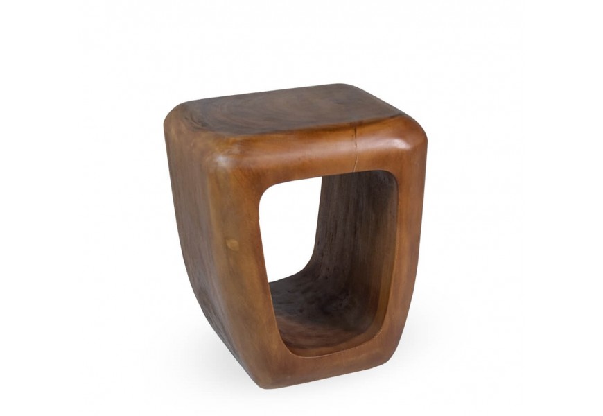 Dizajnový masívny obdĺžnikový príručný stolík Sulawesi s policou z dreva suar s výraznou naturálnou štruktúrou a zaoblenými organickými hranami v tmavej hnedej farbe