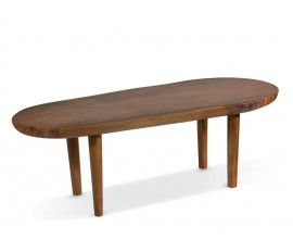 Luxusný etno tmavohnedý konferenčný stolík Sulawesi z masívneho suarového dreva s výraznou štruktúrou s oválnou doskou s organickým nepravidelným tvarom a štyrmi nožičkami