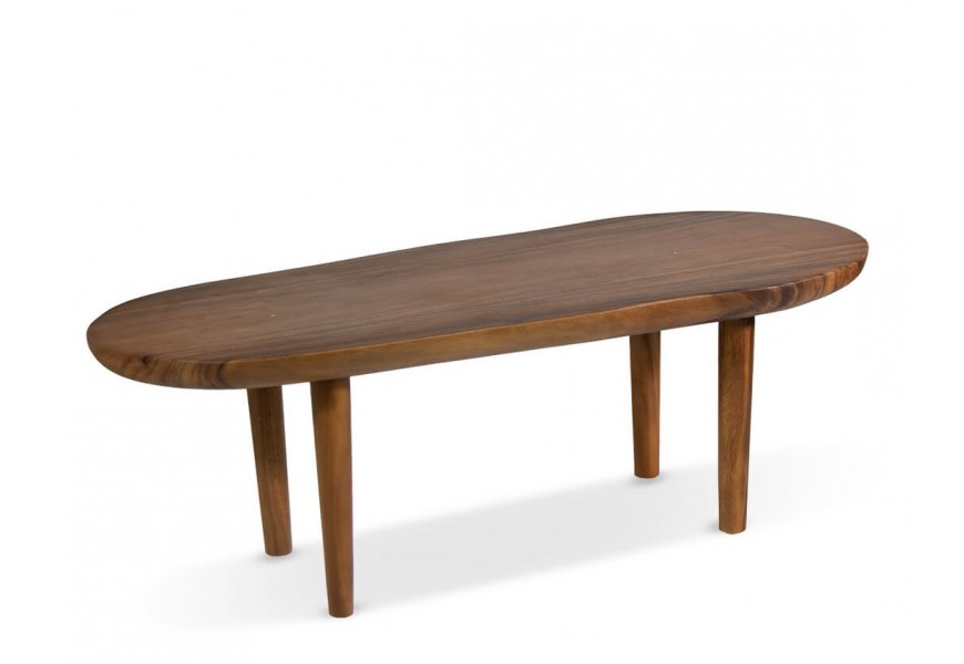 Luxusný etno tmavohnedý konferenčný stolík Sulawesi z masívneho suarového dreva s výraznou štruktúrou s oválnou doskou s organickým nepravidelným tvarom a štyrmi nožičkami