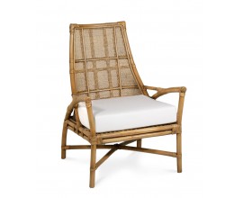Dizajnové etno ratanové kreslo Jalisco v naturálnej svetlej hnedej farbe s bielym sedacím vankúšom 95 cm