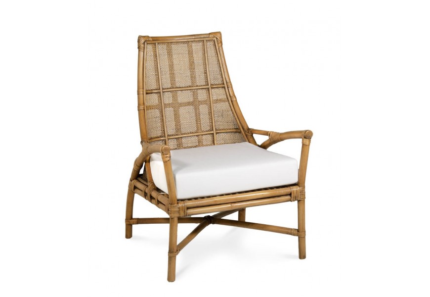 Dizajnové etno ratanové kreslo Jalisco v naturálnej svetlej hnedej farbe s bielym sedacím vankúšom 95 cm