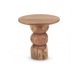 Vintage príručný stolík Mesa z masívneho akáciového dreva v hnedej farbe s okrúhlou doskou a zaoblenou nohou s guľovým prvkom