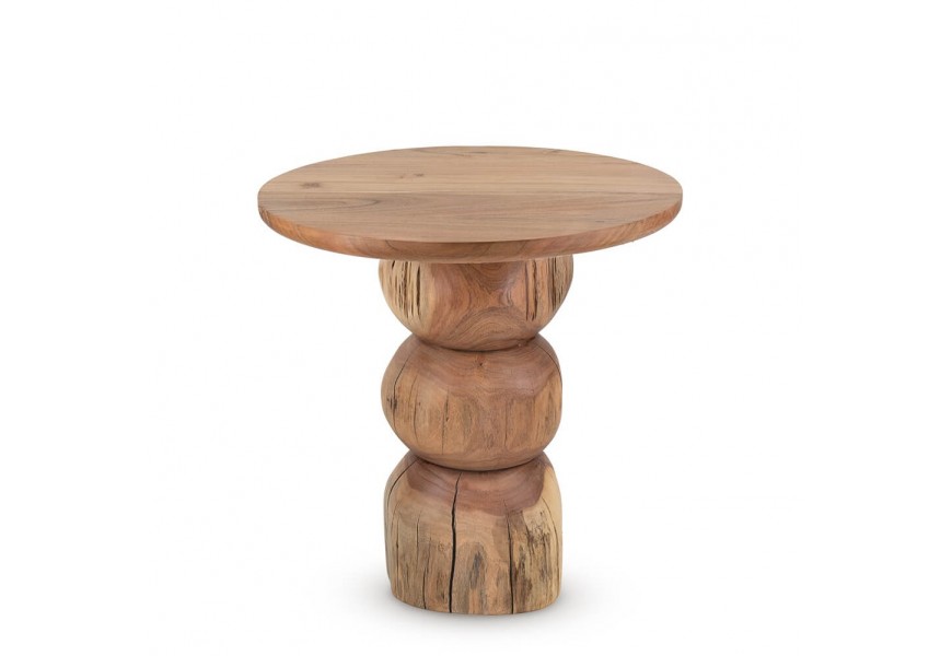 Vintage príručný stolík Mesa z masívneho akáciového dreva v hnedej farbe s okrúhlou doskou a zaoblenou nohou s guľovým prvkom