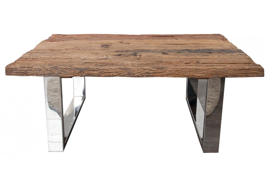 Obdĺžnikový konferenčný stolík s doskou z prírodného dreva a lesklými kovovými nohami