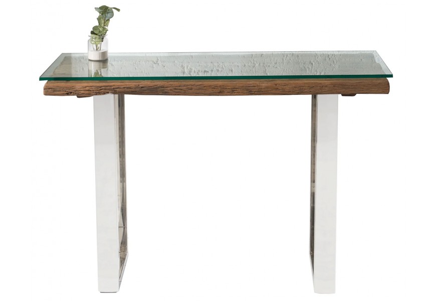 Úzky konzolový stolík so sklenenou doskou, dreveným okrajom a chrómovanými kovovými nohami