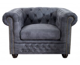 Vintage sivé kreslo Chesterfield Grau s ozdobným prešívaním s okrúhlymi gombíkmi a poťahom s efektom vintage kože 105 cm