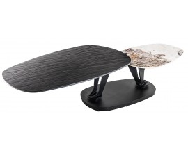 Dizajnový konferenčný stolík Delin s mramorovou doskou v čiernej farbe a dvomi otočnými dvoúrovňovými doskami 94-163 cm 