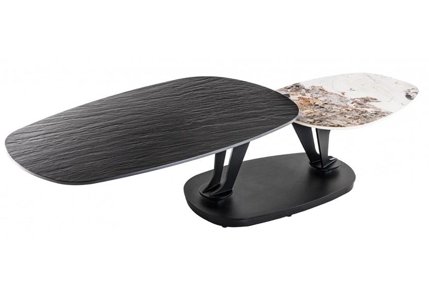 Dizajnový konferenčný stolík Delin s dvomi doskami s otočnými polohovateľnými nožičkami z kovu  s dvomi doskami z čierneho kameňa v mramorovom vzhľade