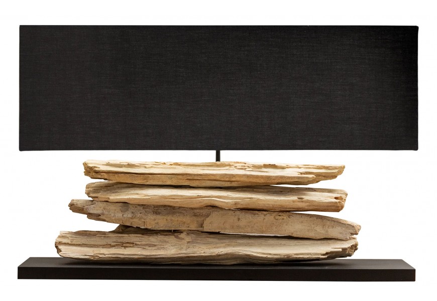 Luxusná stolová lampa s obdĺžnikovým čiernym textilným tienidlom a robustným podstavcom z vrstveného dreva na čiernej základni