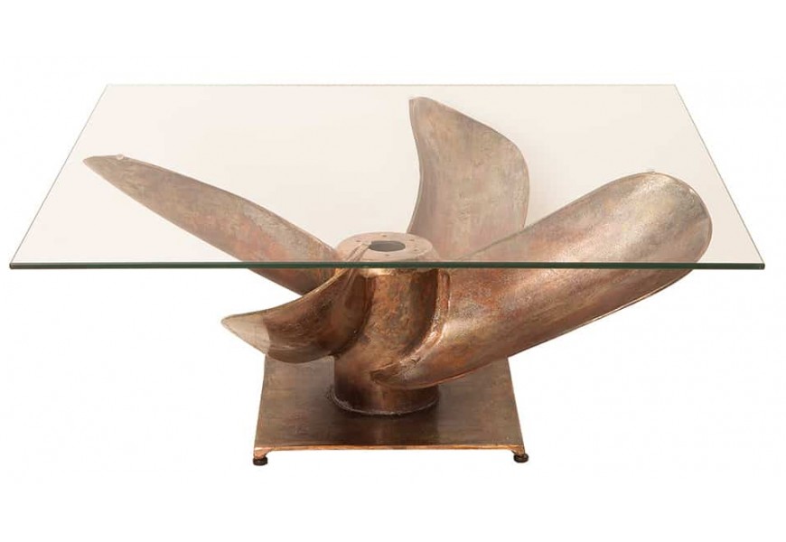 Dizajnový obdĺžnikový konferenčný stôl so sklom a podstavcom z bronzovej lodnej vrtule na kovovej základni