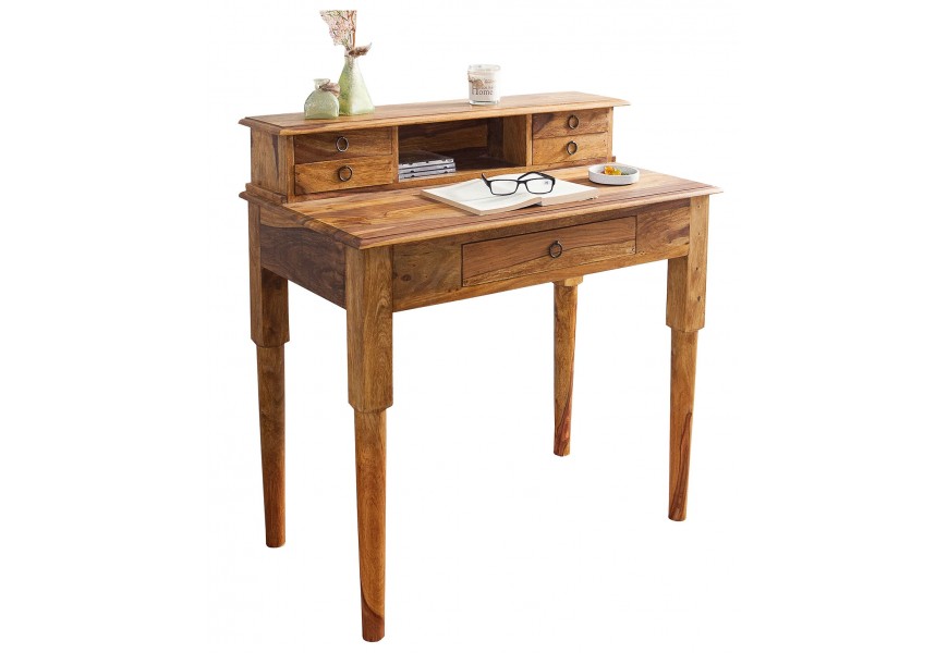 Rustikálny písací sekretár z masívneho sheeshamového dreva s vyššou nadstavbou so zásuvkami v koloniálnom štýle a dekoratívnou prírodnou kresbou dreva