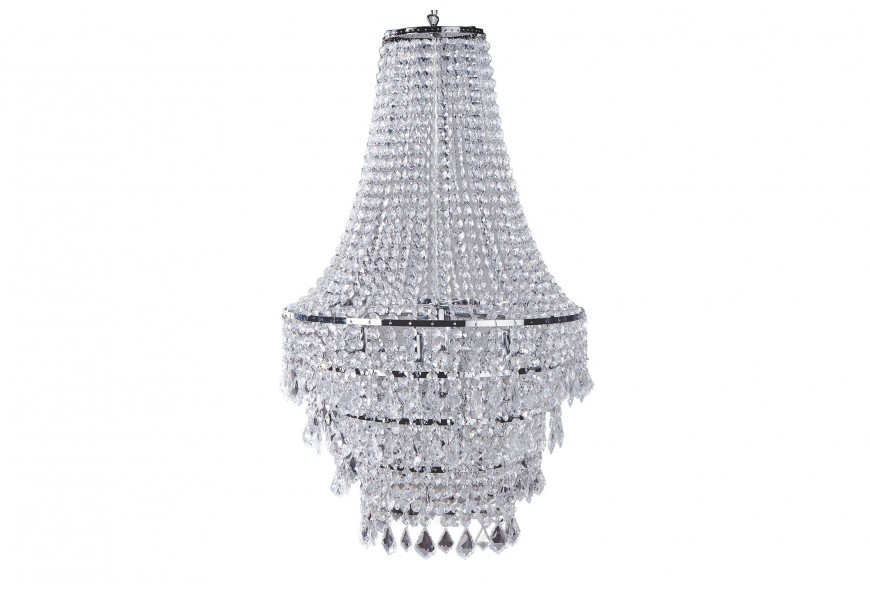 Veľký závesný krištáľový luster v tvare vodopádu s viacerými radmi brúsených sklenených prvkov a chrómovou konštrukciou v luxusnom glamour štýle pre honosné interiéry