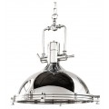 Lesklé závesné svietidlo v industriálnom štýle s kovovým chrómovým povrchom, kupolovitým tienidlom a technickými detailmi pripomínajúcimi reflektor alebo dielenské osvetlenie