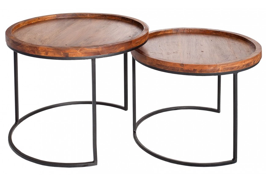 Industriálna sada dvoch okrúhlych príručných stolíkov s kovovou čiernou konštrukciou a doskami z masívneho dreva