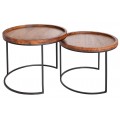 Industriálna sada dvoch okrúhlych príručných stolíkov s kovovou čiernou konštrukciou a doskami z masívneho dreva