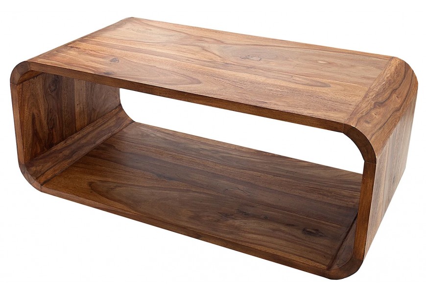 Koloniálny obdĺžnikový konferenčný stolík z masívneho sheeshamového dreva so zaoblenými hranami a otvorenou odkladacou plochou
