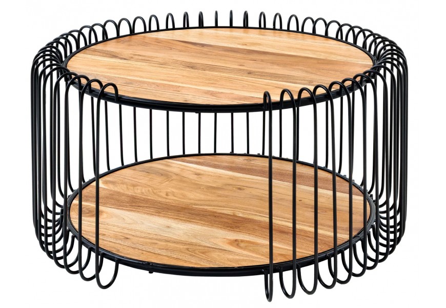 Industriálny okrúhly dvojúrovňový konferenčný stolík s čiernou kovovou konštrukciou a drevenými doskami v prírodnom odtieni