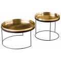 Glamour art deco okrúhle kovové konferenčné stolíky v čierno-zlatej farbe s kladivkovaným povrchom a tenkou čiernou konštrukciou