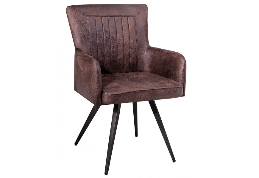 Retro čalúnená stolička s opierkami v tvare klubu s hnedým mikrovláknovým poťahom a kovovými čiernymi nožičkami s miernym sklonom