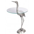 Glamour okrúhly príručný stolík s čírou sklenenou doskou a kovovou podstavou v tvare volavky so striebornou povrchovou úpravou
