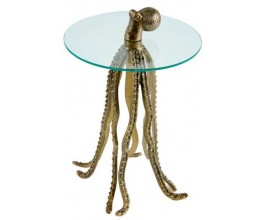 Dizajnový okrúhly príručný stolík Polbitta s podstavou v tvare chobotnice v zlatej farbe a sklenenou vrchnou doskou 67 cm