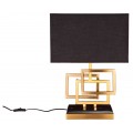 Stolová lampa s čiernym obdĺžnikovým textilným tienidlom a zlatou kovovou konštrukciou z prepojených geometrických rámov