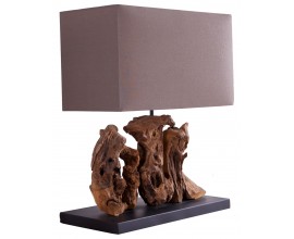 Rustikálna stolová lampa s obdĺžnikovým textilným tienidlom v hnedej farbe a dekoratívnou podstavou z naplaveného dreva