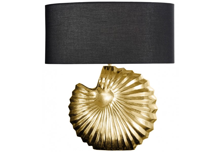 Art-deco stolová lampa s čiernym oválnym textilným tienidlom a zlatou dekoratívnou podstavou v tvare špirálovej mušle s reliéfnym povrchom
