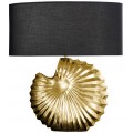 Art-deco stolová lampa s čiernym oválnym textilným tienidlom a zlatou dekoratívnou podstavou v tvare špirálovej mušle s reliéfnym povrchom